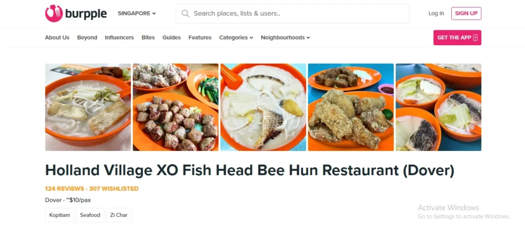 Burpple listing page for Holland Village XO Fish Head Bee Hun Restaurant in Dover, featuring photos of fish head noodle soup and fried side dishes.