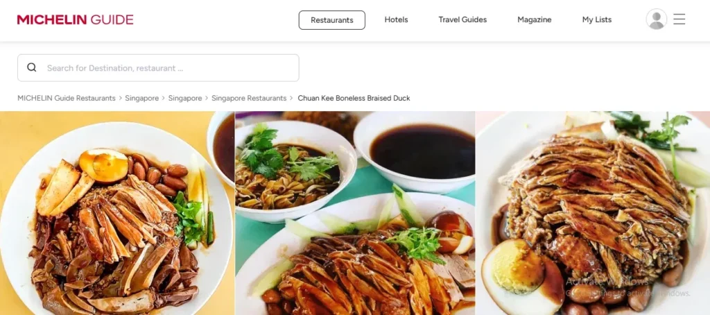 Michelin Guide listing page for Chuan Kee Boneless Braised Duck showing photos of braised duck rice and noodle dishes with soy-braised eggs.