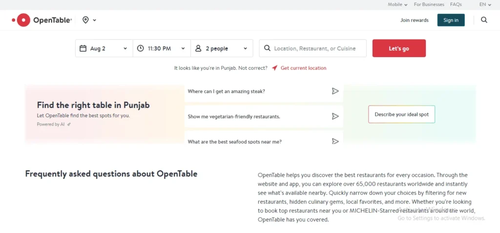 Screenshot of the OpenTable website showing search filters and an AI restaurant recommendation section.