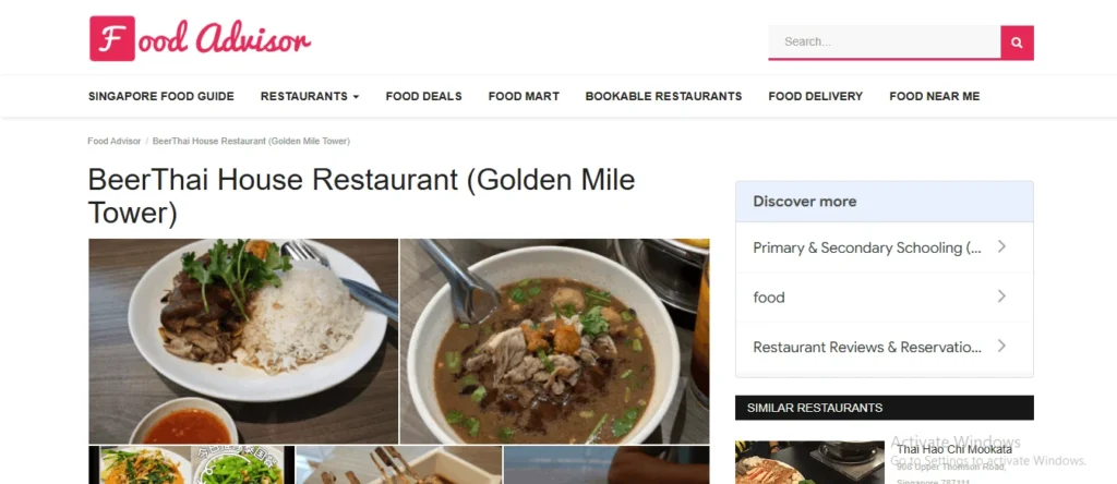 Screenshot of Food Advisor webpage listing for BeerThai House Restaurant at Golden Mile Tower, featuring dish photos of Thai pork leg rice and beef noodle soup alongside navigation menus.