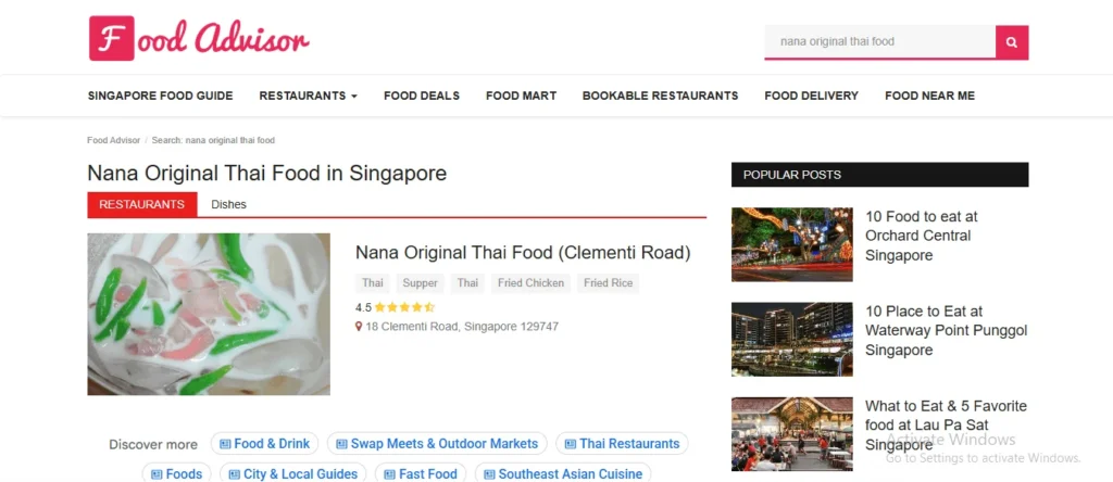 Screenshot of the Food Advisor website displaying search results for Nana Original Thai Food on Clementi Road, featuring a photo of Thai Tub Tim Krob coconut dessert, restaurant rating details, and popular posts in the sidebar.