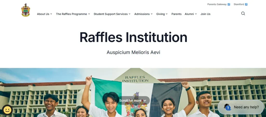 Homepage header of the Raffles Institution website featuring the school name, motto "Auspicium Melioris Aevi," navigation menu, and a banner photo of smiling students holding up the green, white, and black school flag in front of the campus building.