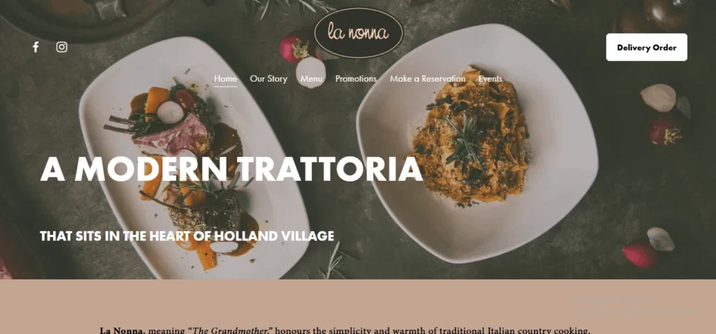 Website homepage banner for La Nonna Italian restaurant featuring plated pasta and rack of lamb dishes with overlay text reading "A Modern Trattoria that sits in the heart of Holland Village."