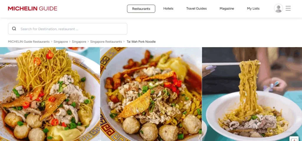 Screenshot of a Michelin Guide webpage listing for Tai Wah Pork Noodle in Singapore, featuring three close-up photos of pork noodle dishes topped with meatballs, minced pork, fried fish, and chili.
