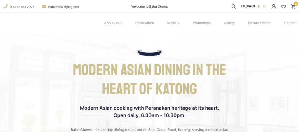Website hero banner for Baba Chews restaurant featuring contact details, top navigation links, and large gold text reading "Modern Asian Dining in the Heart of Katong."