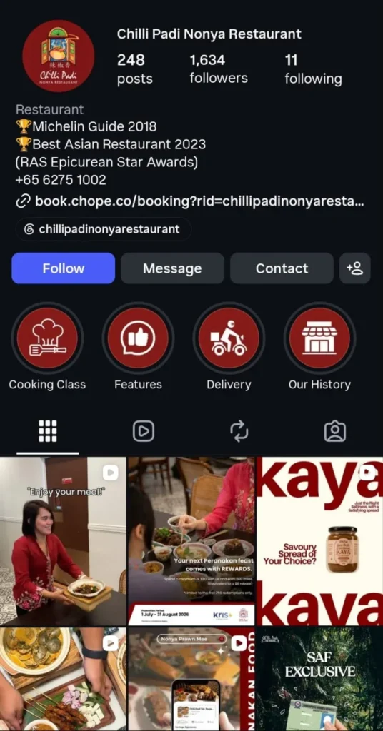 Instagram profile screenshot for "Chilli Padi Nonya Restaurant" showing profile details, highlights, and a 6-post media grid.