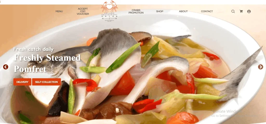 Roland Restaurant website hero banner displaying a close-up of Teochew-style freshly steamed pomfret fish garnished with scallions, sliced chili, mushrooms, and tomatoes in a oval porcelain bowl, with overlay text reading "Fresh catch daily - Freshly Steamed Pomfret."