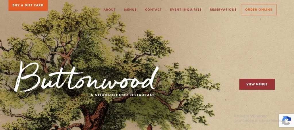 Vintage botanical illustration of a large buttonwood tree on a textured parchment background, featuring script typography for "Buttonwood: A Neighborhood Restaurant" with website navigation buttons.
