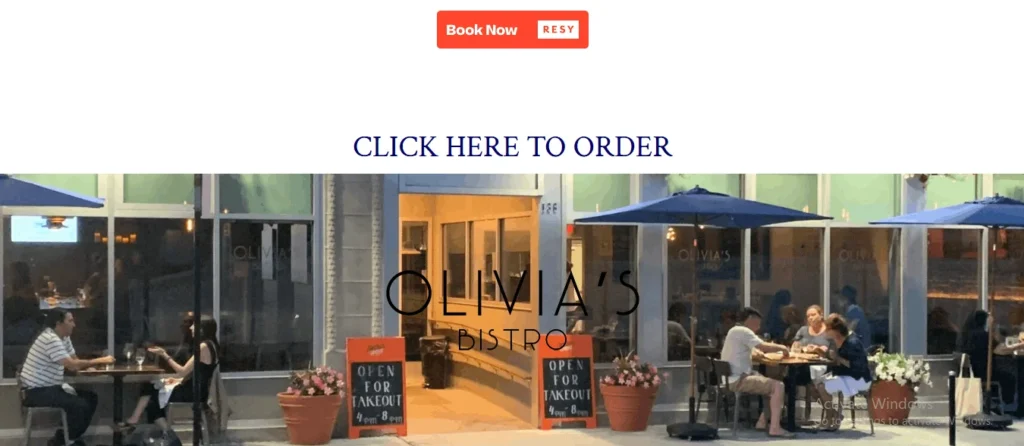 Exterior view of Olivia's Bistro storefront featuring outdoor patio seating, blue umbrellas, potted plants, and signboards, overlaid with online ordering and Resy reservation buttons.