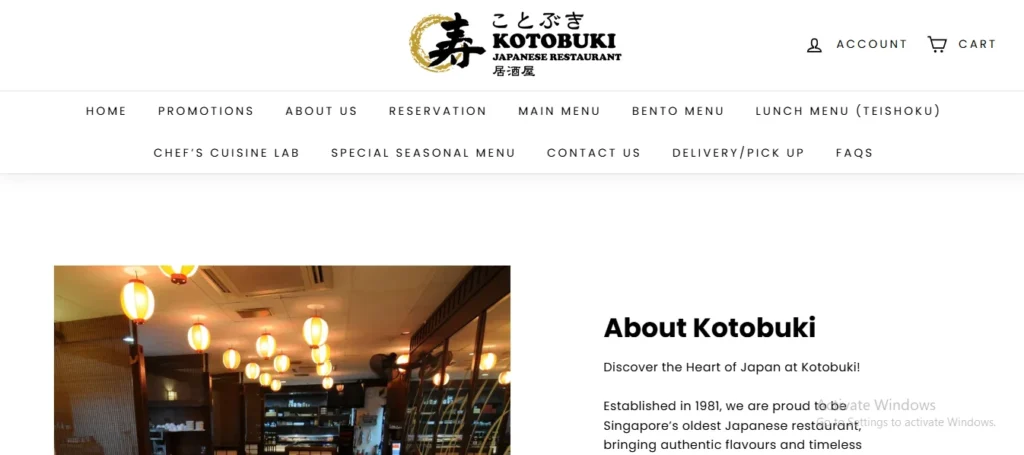 Website banner for Kotobuki Japanese Restaurant showing the company logo, navigation menu, an "About Kotobuki" intro, and an interior photo of the restaurant illuminated by glowing paper lanterns.