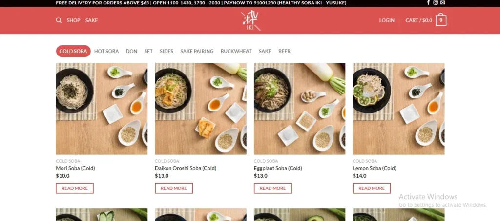 Website ordering page for Healthy Soba IKI displaying a menu of cold soba noodle dishes including Mori Soba, Daikon Oroshi Soba, Eggplant Soba, and Lemon Soba.