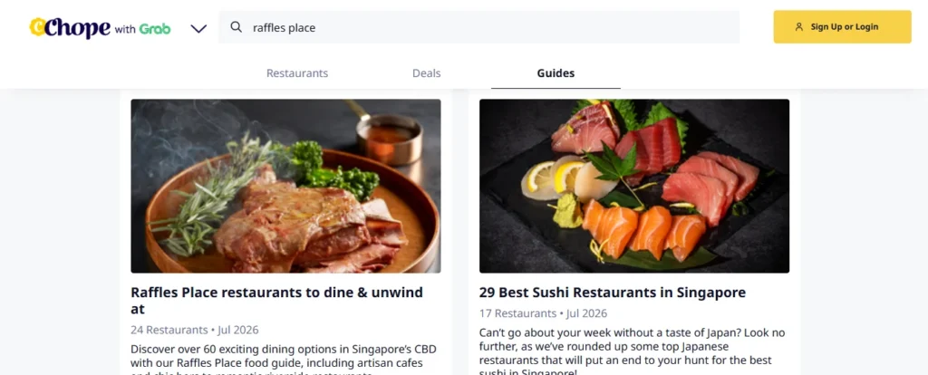 Chope website search results page for Raffles Place showing dining guides for restaurants to unwind at and the best sushi spots in Singapore.