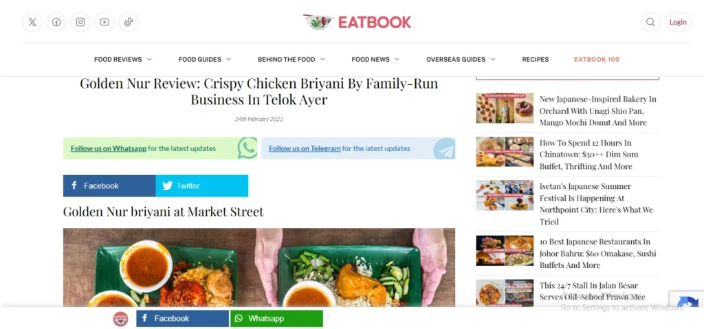 Eatbook review article page titled Golden Nur Review featuring Crispy Chicken Briyani served on green trays at Market Street in Telok Ayer.