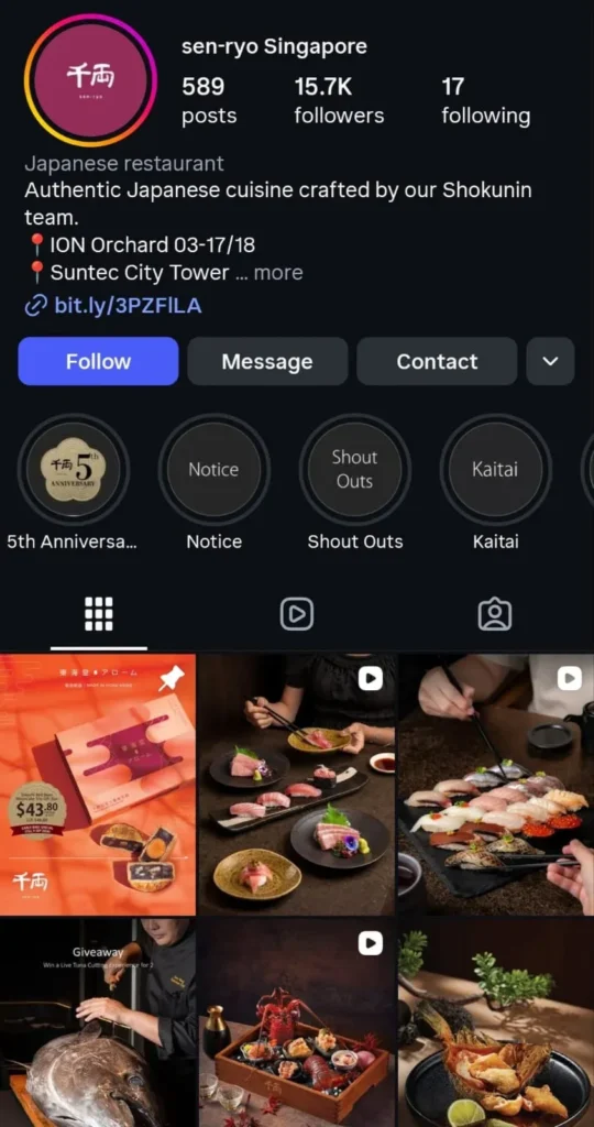 Screenshot of the Instagram profile for "sen-ryo Singapore," a Japanese restaurant chain. The top section shows the profile avatar, post count (589), follower count (15.7K), and following count (17), along with a bio listing locations at ION Orchard and Suntec City Tower. Below the bio are profile story highlights titled "5th Anniversary," "Notice," "Shout Outs," and "Kaitai." A grid below displays six posts featuring food photography, including mooncake gift boxes, various sushi and sashimi platters, a chef preparing a whole tuna for a giveaway, a lobster bento arrangement, and a deep-fried whole fish dish.