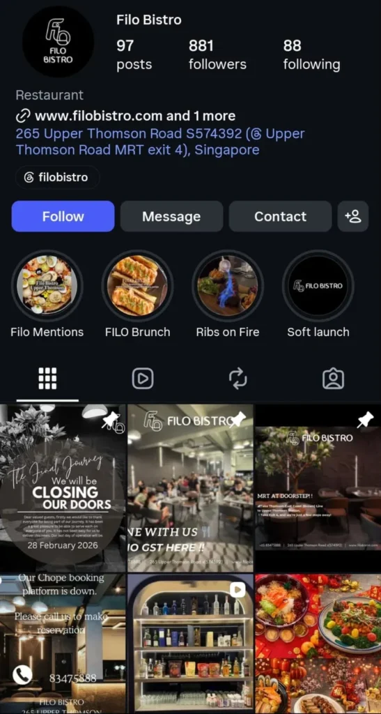Screenshot of Filo Bistro's Instagram profile showing address at 265 Upper Thomson Road, highlights for brunch and menu items, and posts including a closing announcement for February 28, 2026.