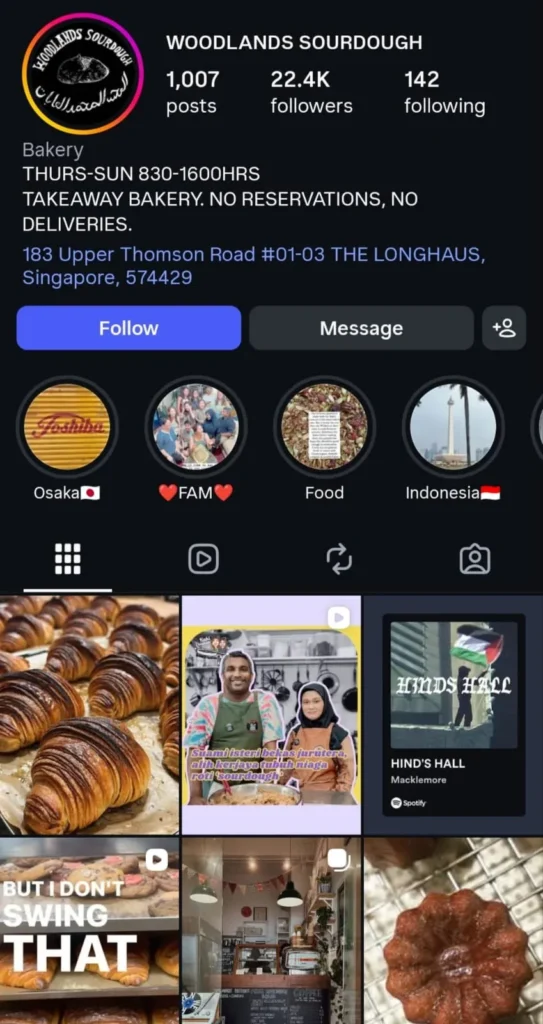 Screenshot of the Woodlands Sourdough Instagram profile displaying opening hours, address at The Longhaus on Upper Thomson Road, and a post grid featuring fresh croissants, pastries, and bakery updates.
