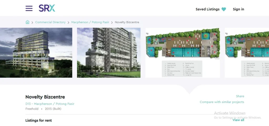 A screenshot of a real estate listing page on the SRX website for Novelty Bizcentre in Macpherson / Potong Pasir. The page displays the building's name, freehold tenure, and 2015 completion date, along with a gallery showing exterior architectural renderings of the modern commercial high-rise building and detailed site floor plans highlighting amenities such as swimming pools and sky lounges.