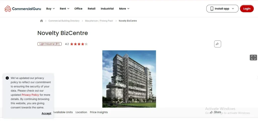 A screenshot of a commercial property directory listing on CommercialGuru for Novelty BizCentre in Macpherson / Potong Pasir. The page displays the building title, a "Light Industrial (B1)" property tag, a 4.2-star rating, and a central architectural rendering of the modern multi-story glass commercial building.