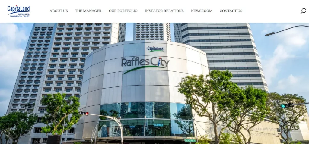 Website banner for CapitaLand Integrated Commercial Trust displaying the exterior of Raffles City shopping center surrounded by modern high-rise office towers and green trees.