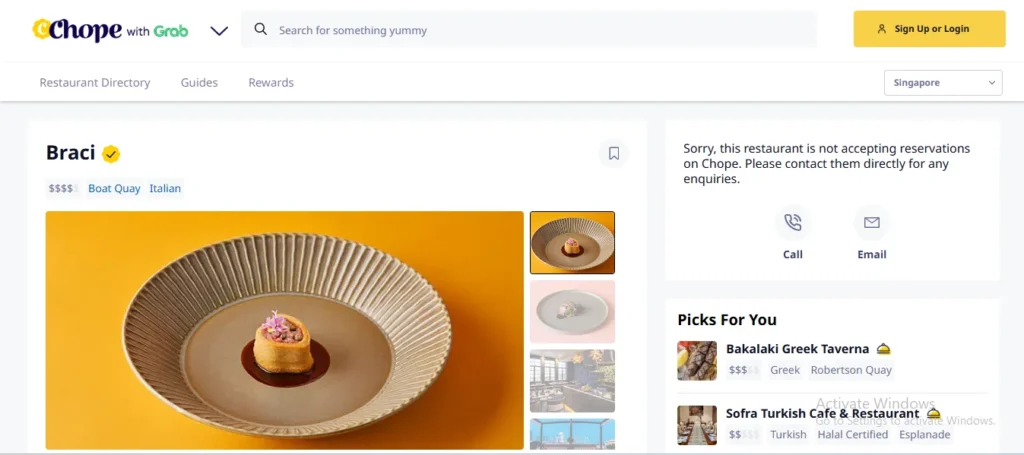 Screenshot of the Chope online reservation page for Braci, a fine-dining Italian restaurant in Boat Quay, Singapore. The page displays food photography featuring an artfully plated dish in a wide ribbed ceramic bowl, a notice stating the restaurant is not accepting Chope reservations, and options to contact the establishment directly via phone or email.