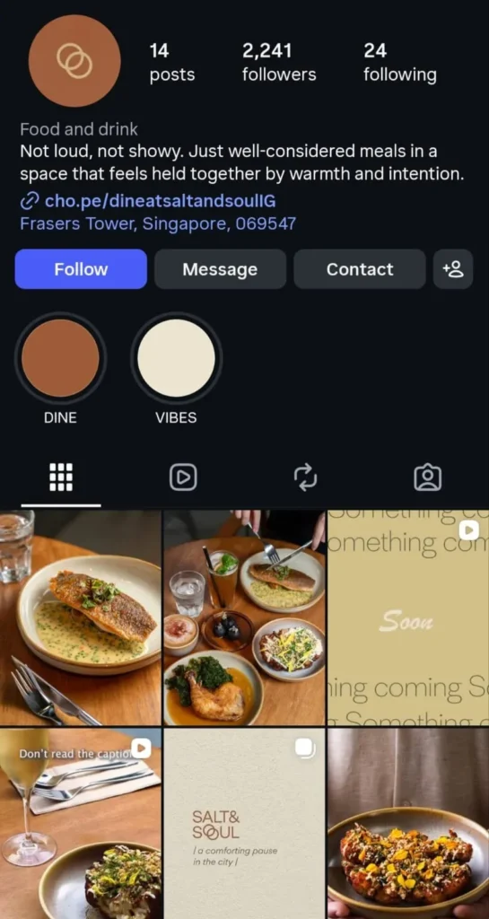 A screenshot of an Instagram profile for "SALT & SOUL," a food and drink establishment at Frasers Tower, Singapore. The bio reads: "Not loud, not showy. Just well-considered meals in a space that feels held together by warmth and intention." Below story highlights titled "DINE" and "VIBES," the post grid features photos of plated dishes—including pan-seared fish with creamy sauce, roasted chicken with kale, and garnish-topped appetizers—alongside text posts bearing the restaurant's tagline, "a comforting pause in the city."