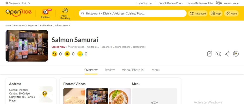 Screenshot of an OpenRice directory page for Salmon Samurai, a Japanese restaurant located at Ocean Financial Centre on Collyer Quay in Singapore, displaying venue details, address information, and photo previews.