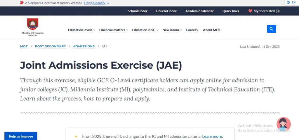A screenshot of the Ministry of Education Singapore website page for the Joint Admissions Exercise (JAE). The heading reads "Joint Admissions Exercise (JAE)" with introductory text explaining online applications for GCE O-Level holders applying to junior colleges, Millennia Institute, polytechnics, and ITE.