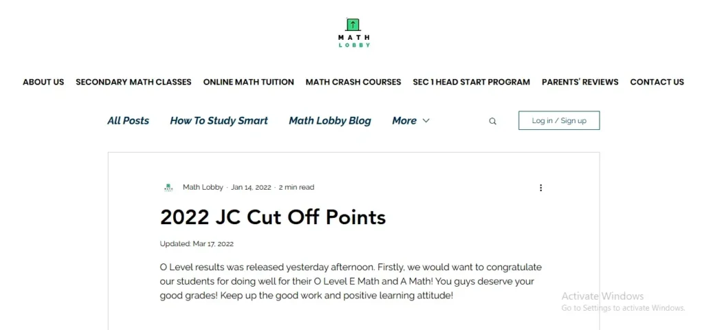 A screenshot of a blog post titled "2022 JC Cut Off Points" on the Math Lobby website. The article header displays a publishing date of January 14, 2022, and opens with a congratulatory message to O-Level E Math and A Math students following the release of their examination results.