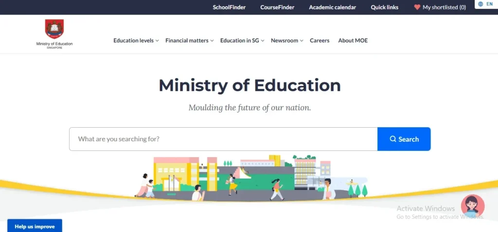 Screenshot of the official Ministry of Education Singapore website homepage featuring the MOE logo, navigation bar, prominent search bar, tagline reading "Moulding the future of our nation", and colorful illustrations of students and school buildings.
