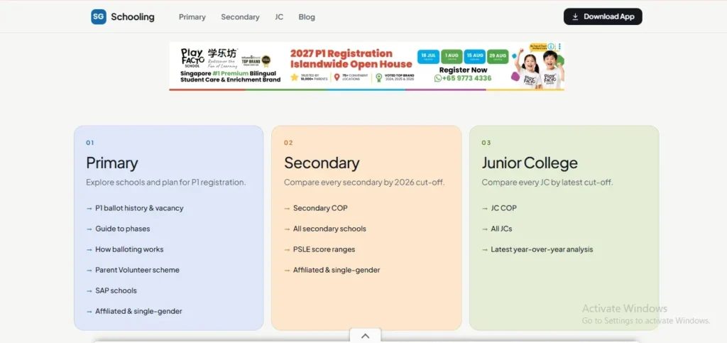 Screenshot of the SG Schooling website homepage displaying three main education cards for Primary, Secondary, and Junior College school planning, topped by a promotional banner for student care registration.
