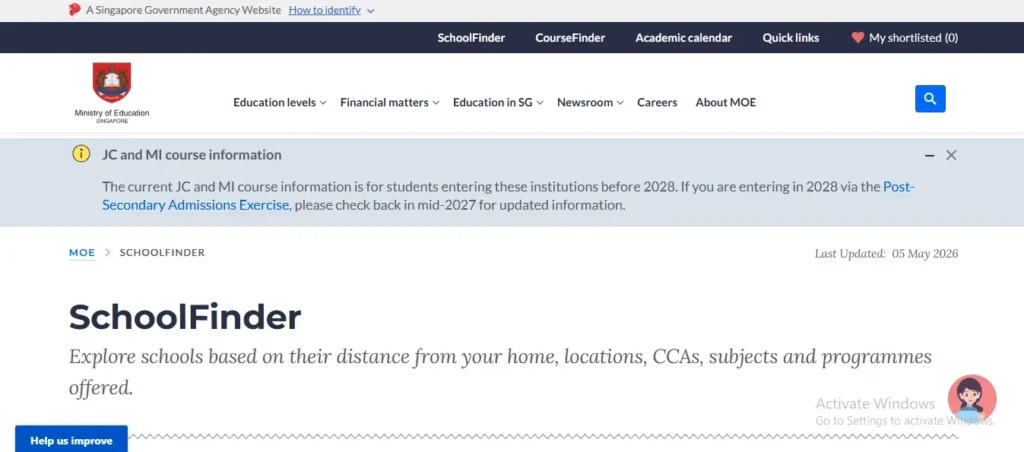 A screenshot of the Ministry of Education (MOE) Singapore website featuring the SchoolFinder portal. An informational banner displays notice regarding Junior College (JC) and Millennia Institute (MI) course information for students entering before 2028. Below the header, the SchoolFinder section states that users can explore schools based on distance, location, CCAs, subjects, and programs.