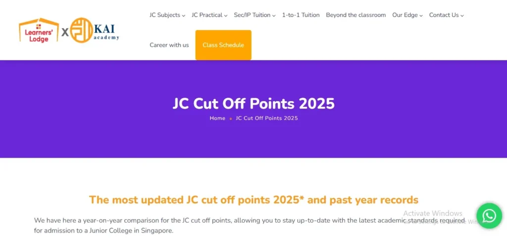 A screenshot of a webpage from Learners' Lodge x KAI Academy titled "JC Cut Off Points 2025" in bold white text against a vibrant purple background banner. Above the banner, the site navigation menu includes options for tuition, class schedules, and contact info. Below the banner, orange and gray text introduces a guide providing updated Junior College cut-off points and past year records for Singapore admissions.