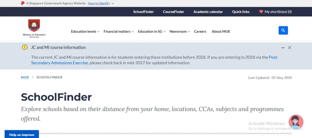 Screenshot of the Ministry of Education Singapore SchoolFinder portal displaying JC and MI course information update notice.
