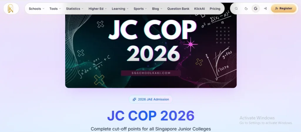 Website homepage banner for SGSchoolKaki displaying "JC COP 2026" text for Singapore Junior College cut-off points guide.