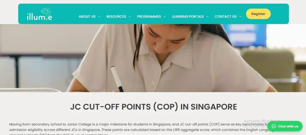 Website page header for illum.e featuring a student studying and the heading "JC CUT-OFF POINTS (COP) IN SINGAPORE."