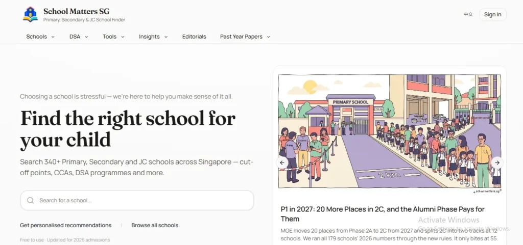 Homepage of School Matters SG website titled "Find the right school for your child," offering search features for over 340 Singapore primary, secondary, and JC schools, alongside an illustration of parents and students lining up outside a primary school.