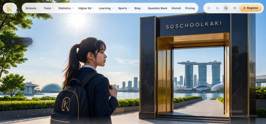 Homepage header for SGSCHOOLKAKI featuring a student in a blazer with a backpack looking toward Marina Bay Sands through a gold and black gateway.