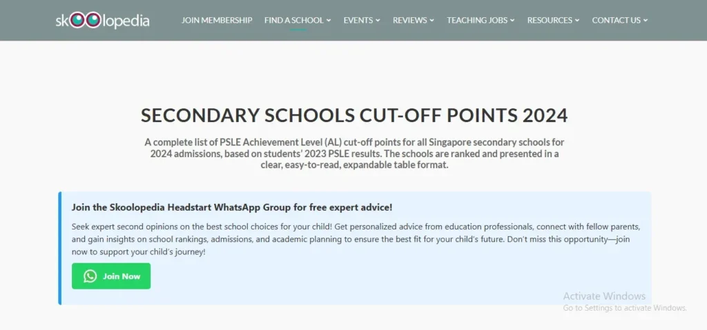 Webpage screenshot of Skoolopedia showing the "Secondary Schools Cut-Off Points 2024" heading with a banner inviting users to join their WhatsApp group for education advice.