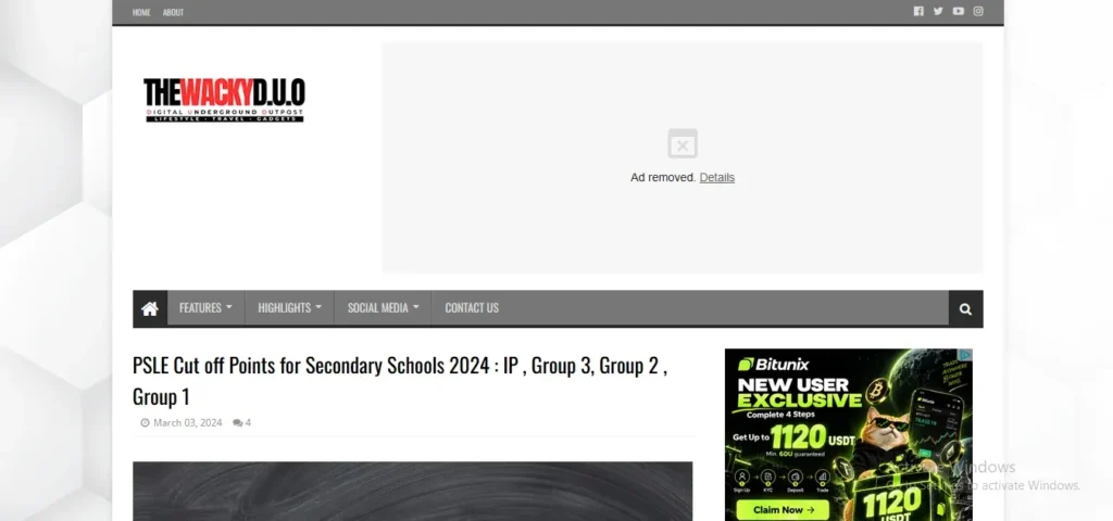 Webpage screenshot of The Wacky Duo blog featuring an article titled "PSLE Cut off Points for Secondary Schools 2024 : IP , Group 3, Group 2 , Group 1".