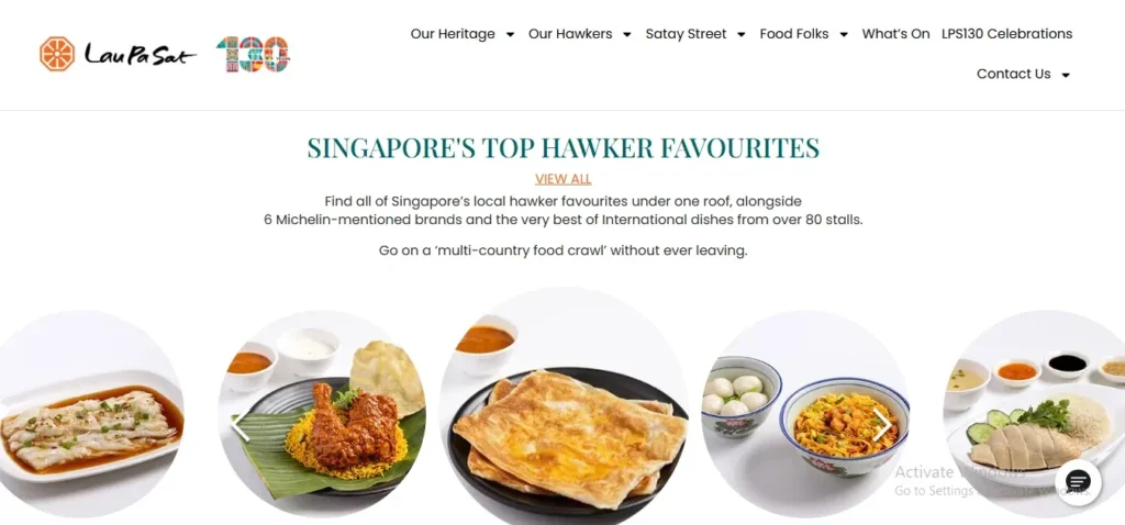 Screenshot of the Lau Pa Sat website header featuring the title "Singapore's Top Hawker Favourites" above five circular images displaying various dishes, including Chee Cheong Fun, Biryani chicken, Murtabak/Roti Prata, Fishball Noodle soup, and Hainanese Chicken Rice.
