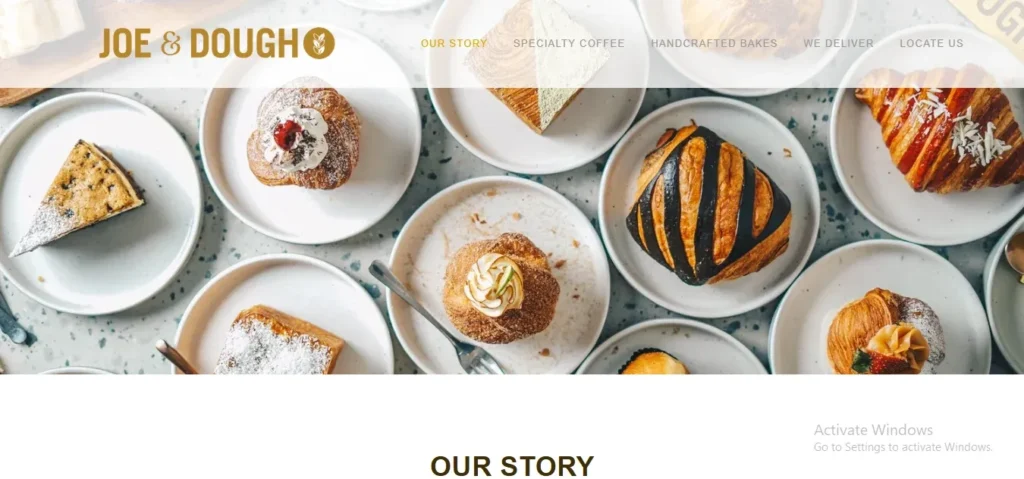 Top-down view of the Joe & Dough website banner showing an array of white plates arranged on a terrazzo surface, featuring various artisanal pastries and baked goods including a slice of cake, sweet buns, croissants, and square bakes.