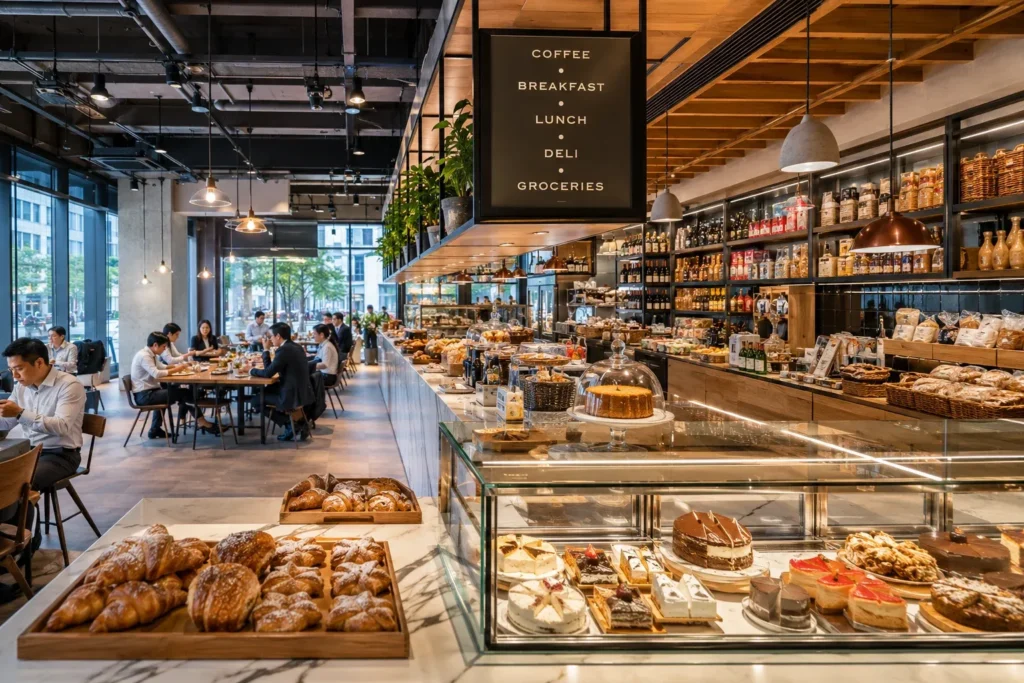 Modern café and deli interior with a glass display case of cakes and fresh pastries in the foreground, wooden shelving lined with products on the right, and patrons seated at dining tables near large glass windows on the left.