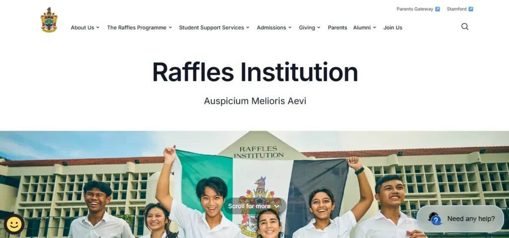 Website homepage screenshot for Raffles Institution featuring students holding up the school flag outside the building.