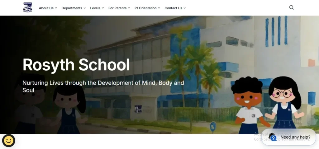 Rosyth School homepage banner featuring the school crest, title, vision statement "Nurturing Lives through the Development of Mind, Body and Soul", and student illustrations in front of the campus building.