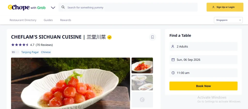 Chope webpage for Chef Lam's Sichuan Cuisine in Tanjong Pagar, Singapore, showing a 4.7-star rating, food images, and a table booking widget set for two adults on Sunday, September 6, 2026 at 11:00 AM.