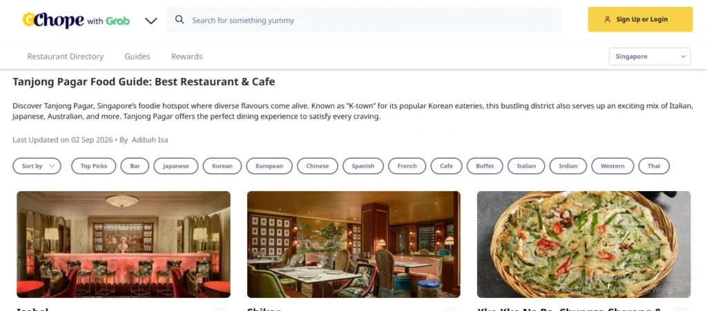 Chope webpage titled Tanjong Pagar Food Guide: Best Restaurant & Cafe with category filter buttons and restaurant listings including Isabel and Chiltern.
