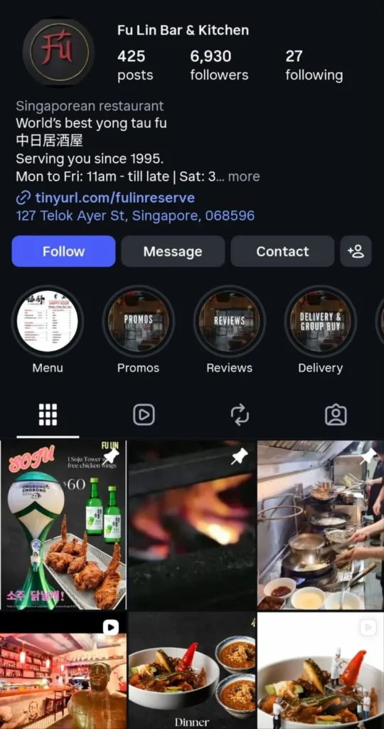 Screenshot of the Instagram profile for Fu Lin Bar & Kitchen, listed as a Singaporean restaurant serving "World’s best yong tau fu" located at 127 Telok Ayer St, Singapore. Story highlights include Menu, Promos, Reviews, and Delivery, while the photo grid displays pinned promotional posts for soju towers and fried chicken wings, cooking scenes, restaurant interiors, and plated dishes.