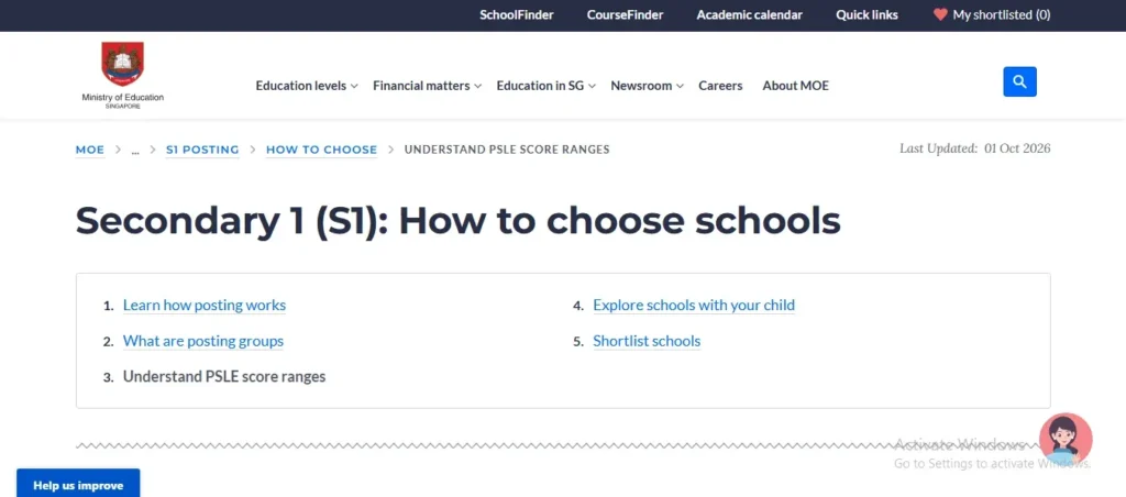 Screenshot of the Ministry of Education Singapore website page titled "Secondary 1 (S1): How to choose schools," displaying breadcrumb navigation and a numbered list of guide topics including "Understand PSLE score ranges."