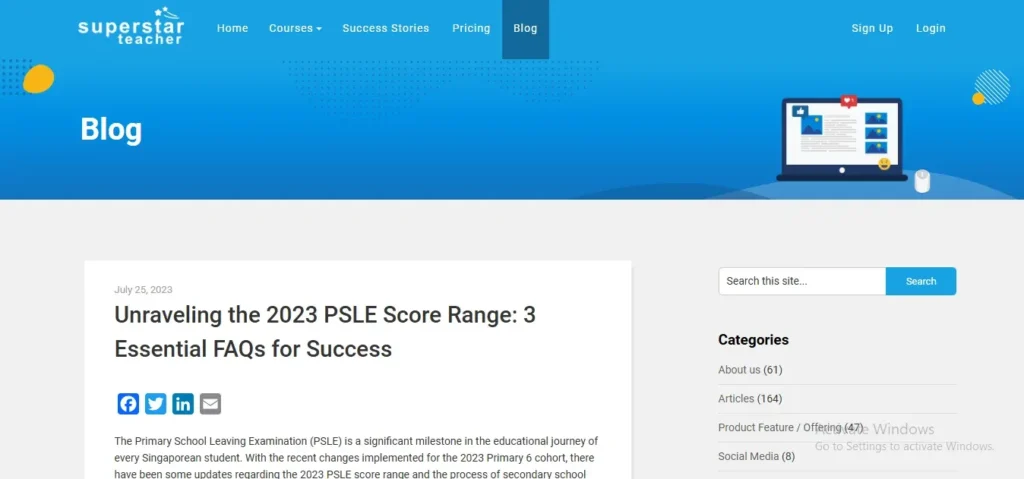 Screenshot of a blog post on the Superstar Teacher website titled "Unraveling the 2023 PSLE Score Range: 3 Essential FAQs for Success," featuring social media share buttons and introductory text about the Primary School Leaving Examination.