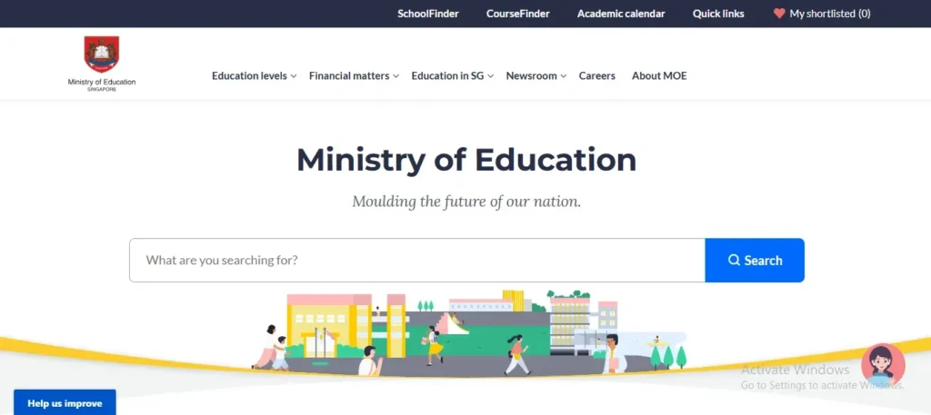 Screenshot of the Ministry of Education Singapore website homepage, featuring the MOE logo, navigation bar links such as SchoolFinder and CourseFinder, a central search bar with the tagline "Moulding the future of our nation," and an illustrated banner depicting students and school buildings.